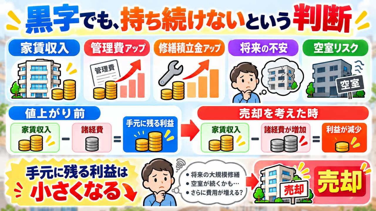 値上がり前と売却を考えた時を比較し、家賃収入が同じでも管理費や修繕積立金の増加で利益が減り、黒字でも売却を判断した図。具体的な収支額は示していない