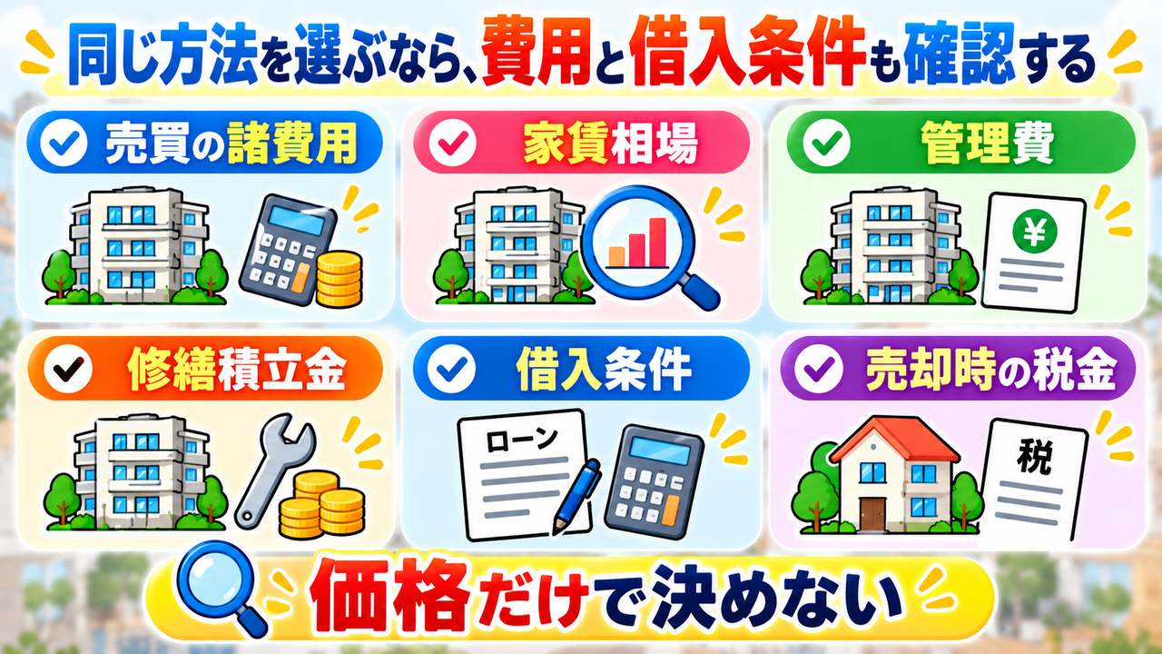 売買の諸費用、家賃相場、管理費、修繕積立金、借入条件、売却時の税金を確認する図