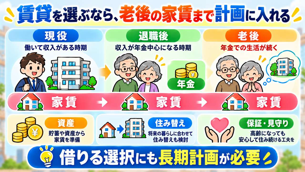 現役時代から退職後も家賃が続くことを踏まえ、資産、住み替え、保証や見守りを考える図