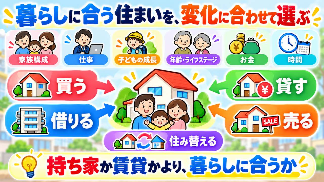 家族構成、仕事、年齢、資金などの変化に合わせて、買う・借りる・貸す・売る・住み替える選択を考える図