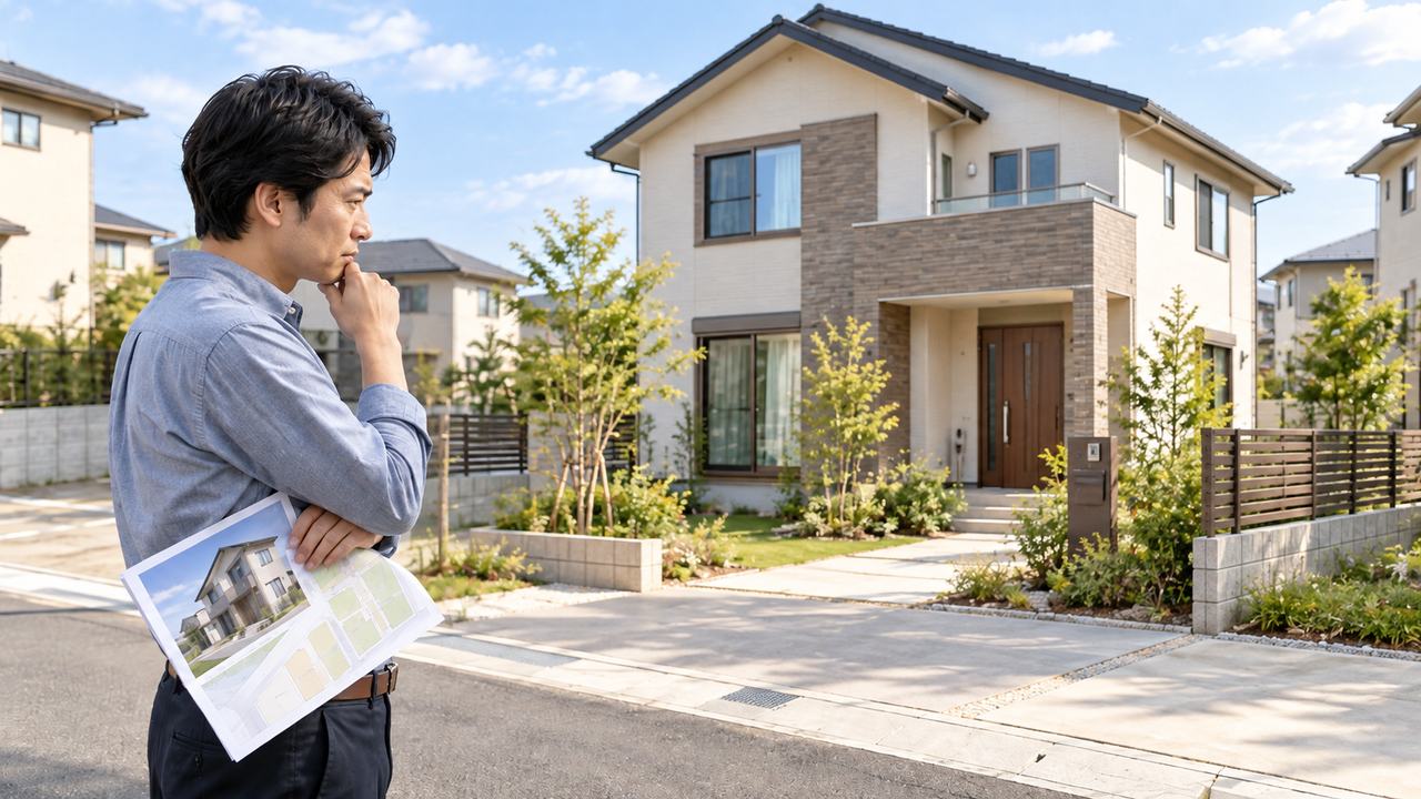 男性が住宅の資料を手に、自宅の現在の価値を考えているイメージ
