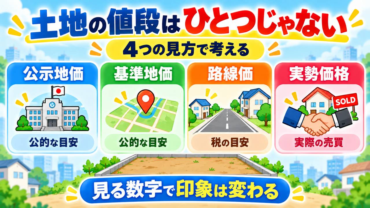 公示地価と基準地価は公的な目安、路線価は税の目安、実勢価格は実際の売買で使う価格を示す図