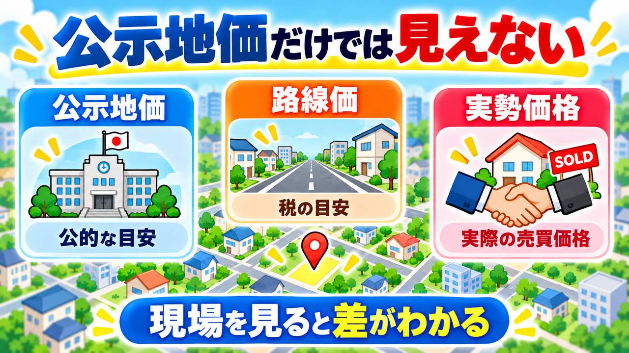公示地価、路線価、実勢価格は役割が異なり、個別の現場を確認する必要があることを示す図