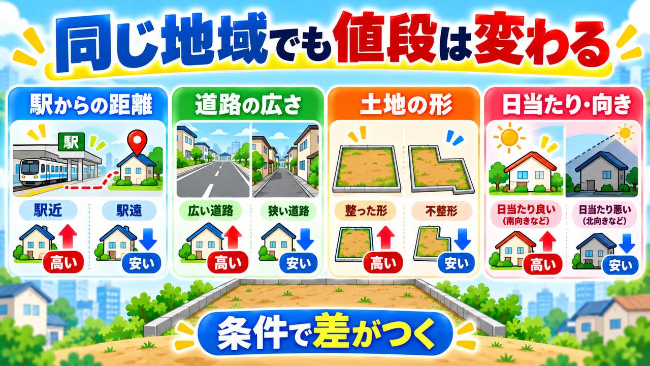 駅からの距離、道路の広さ、土地の形、日当たりや向きによって価格に差が出る一般的な傾向を示す図