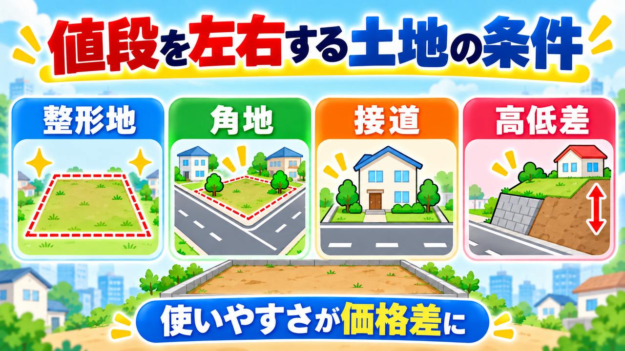 整形地、角地、接道、高低差など、土地の使いやすさを左右する条件を示す図