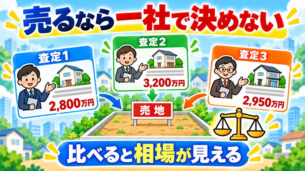 査定額が2800万円、3200万円、2950万円と異なる説明用の仮例で、複数の会社の査定を比較する図