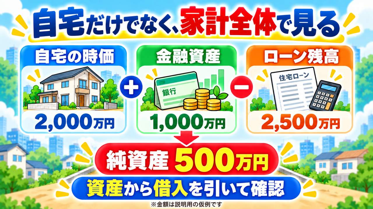 自宅の時価2000万円と金融資産1000万円からローン残高2500万円を引くと、純資産は500万円になる仮例の図