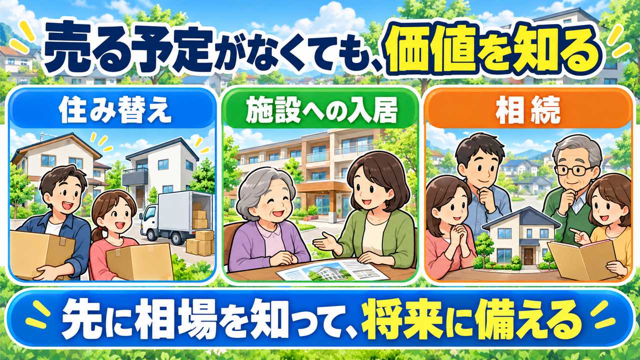 住み替え、施設への入居、相続などに備え、売る予定がなくても自宅の価値を知っておく意味を示す図