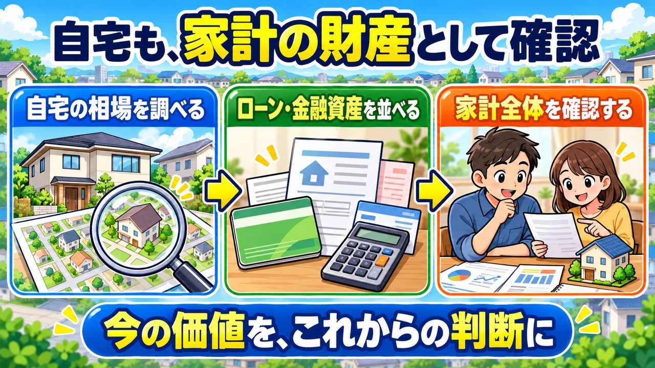 自宅の相場を調べる、ローンと金融資産を並べる、家計全体を確認するという流れを示すまとめの図