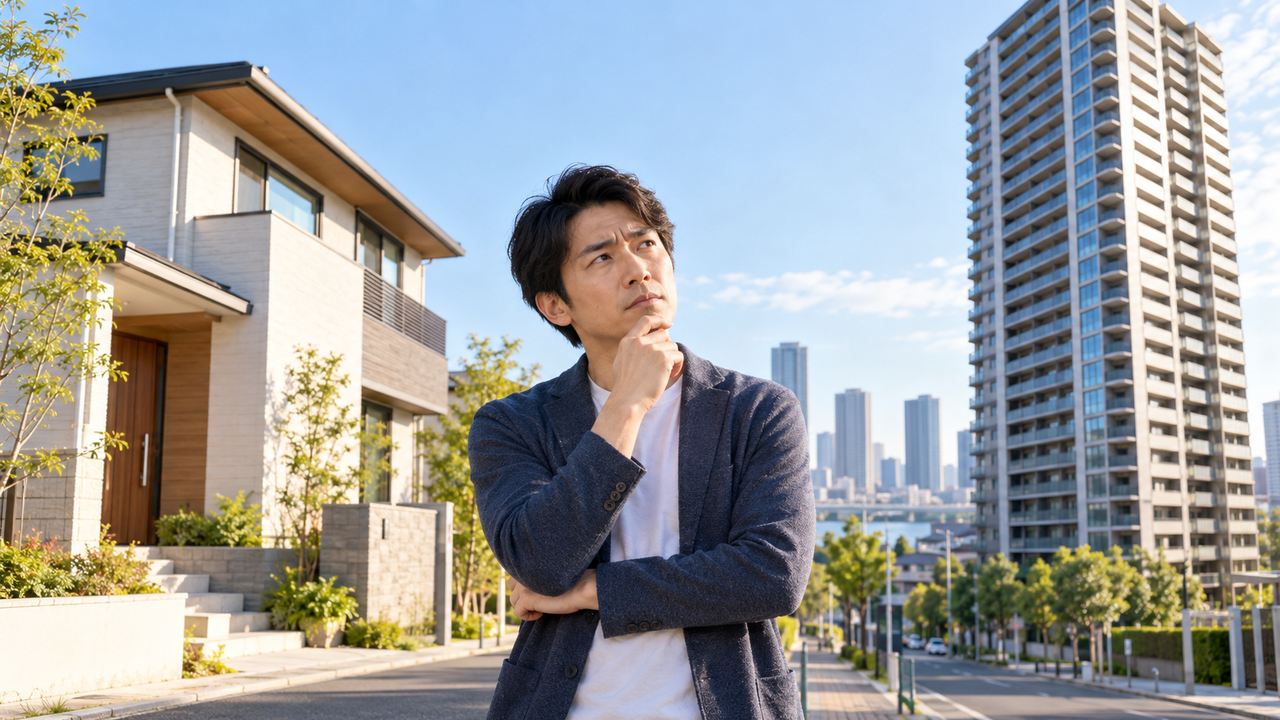 戸建て住宅とタワーマンションの前で、住まい選びを考える男性