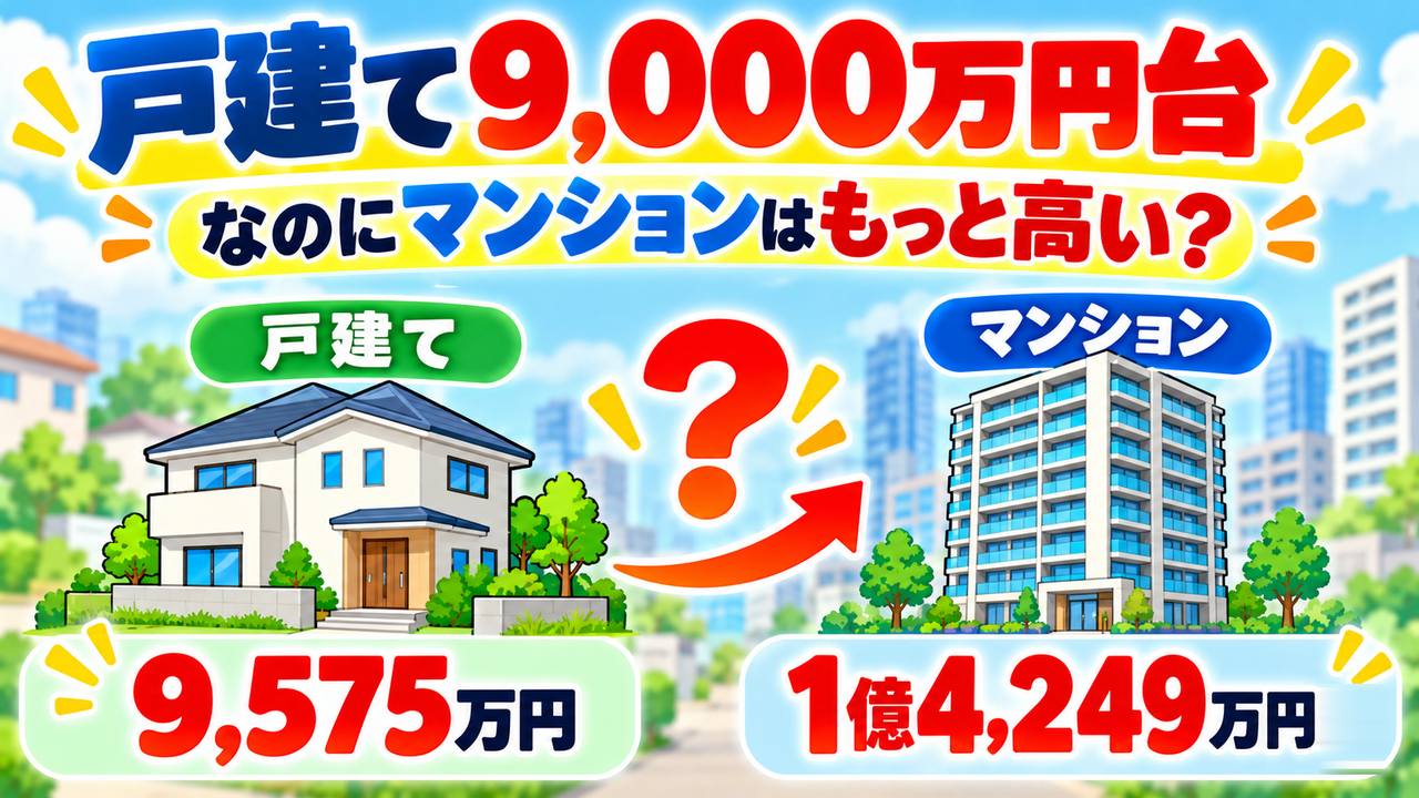 東京23区の新築戸建て9,575万円と、新築マンション1億4,249万円を並べ、なぜマンションの方が高いのかを問う図