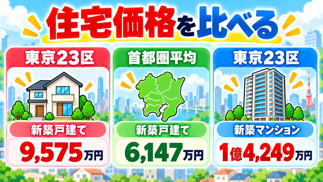 東京23区の新築戸建て9,575万円、首都圏平均の新築戸建て6,147万円、東京23区の新築マンション1億4,249万円を比べる図