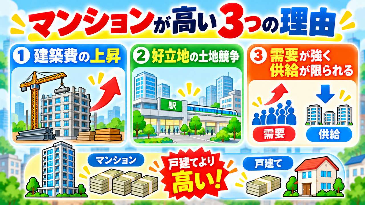 マンションが高い理由として、建築費の上昇、好立地の土地競争、需要が強く供給が限られることの3つを示す図