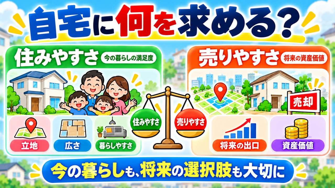 住みやすさ(立地・広さ・暮らしやすさ)と売りやすさ(将来の出口・資産価値)を天秤にかける図