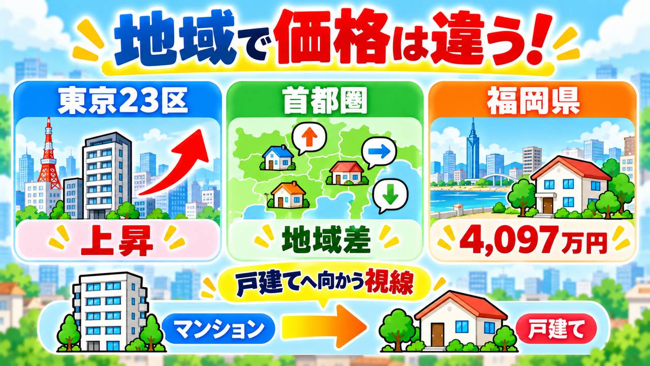東京23区は上昇、首都圏は地域差、福岡県は4,097万円と、地域によって価格の動きが違うことを示す図