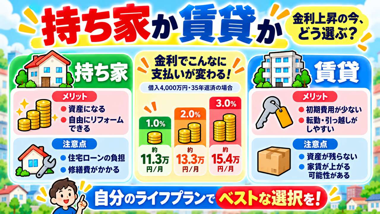 持ち家と賃貸のメリットと注意点、借入4,000万円・35年返済で金利1%・2%・3%の毎月返済額約11.3万・13.3万・15.4万円を示す図