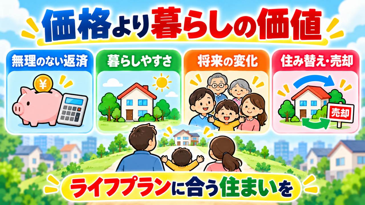 無理のない返済、暮らしやすさ、将来の変化、住み替え・売却を考え、ライフプランに合う住まいを選ぶことを示すまとめの図