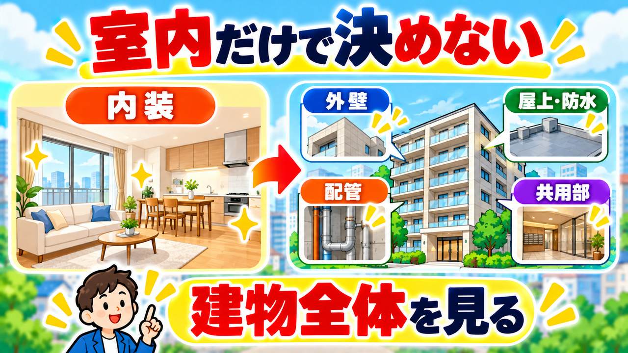 室内の内装だけで決めず、外壁、屋上防水、配管、共用部分など建物全体を確認する図
