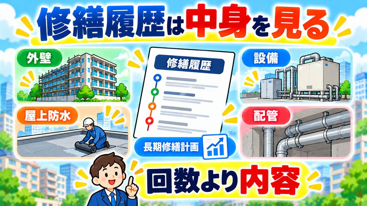 外壁、屋上防水、設備、配管について、修繕の回数より工事内容と長期修繕計画を確認する図
