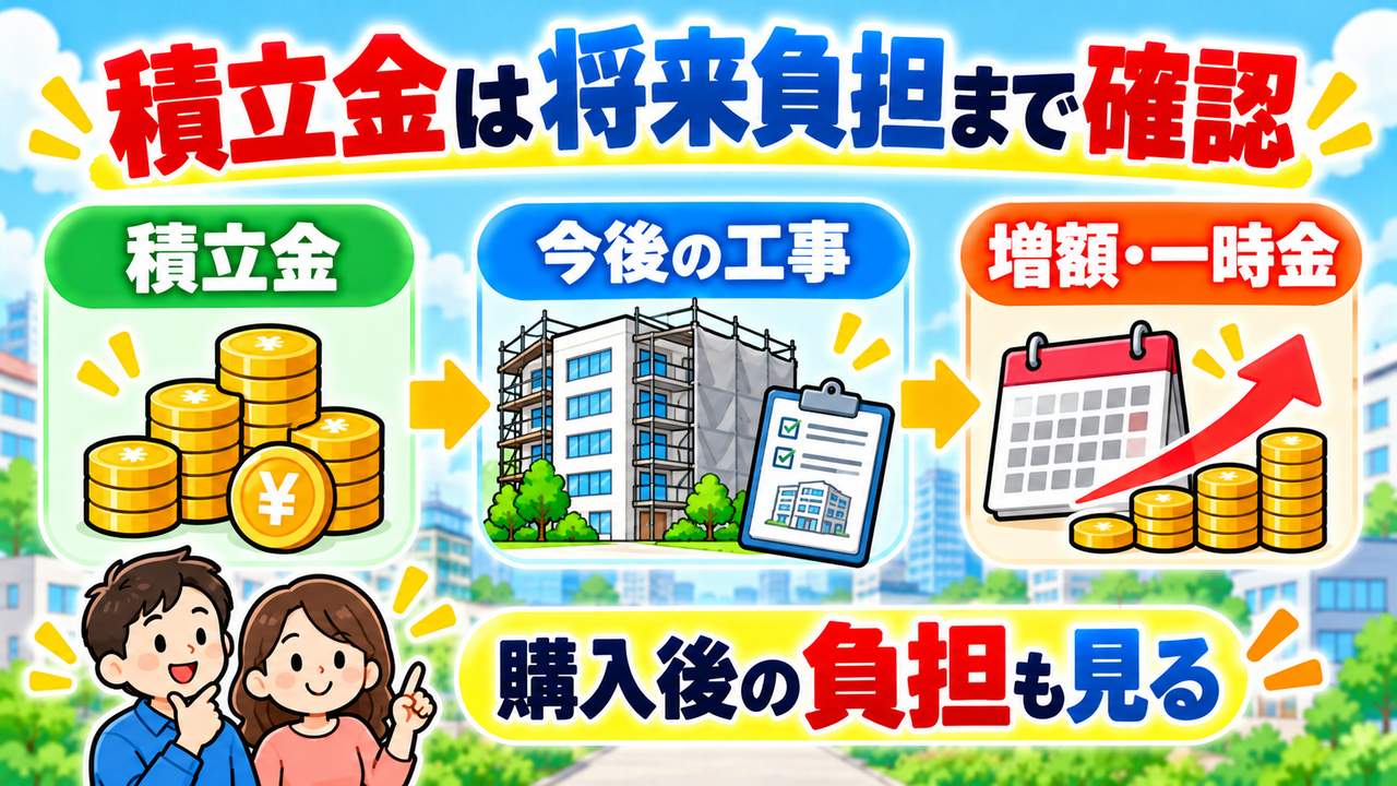 修繕積立金と今後の工事、増額や一時金など購入後の負担を確認する図