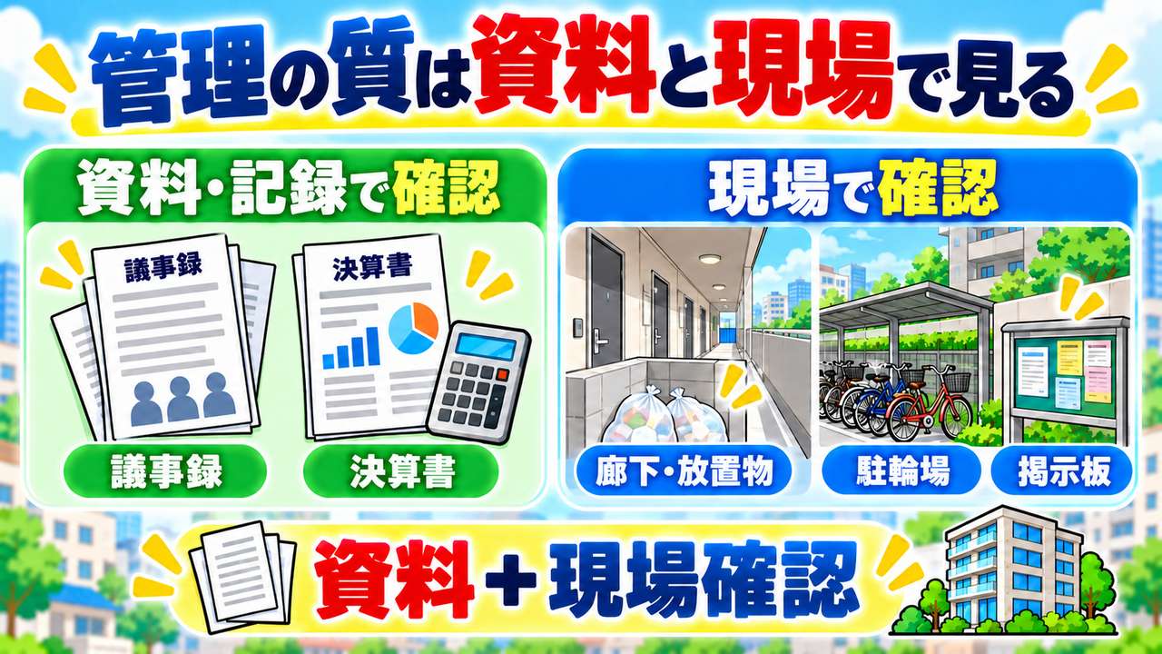 議事録や決算書と、廊下の放置物、駐輪場、掲示板などの現場を合わせて管理の質を確認する図