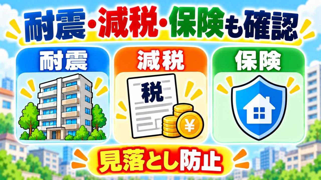 耐震性、住宅ローン減税、管理組合の保険について見落としを防ぐ図