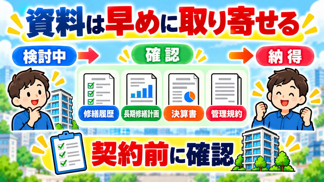購入検討中に修繕履歴、長期修繕計画、決算書、管理規約などを取り寄せ、契約前に確認する図