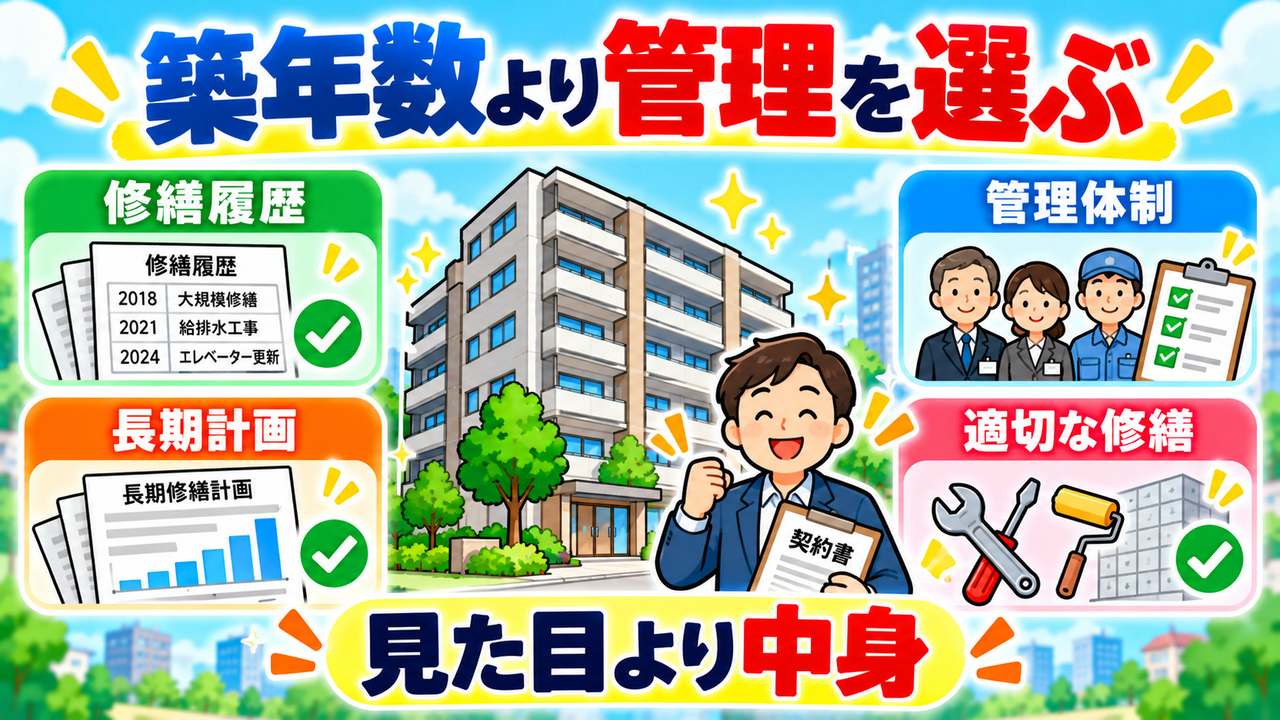 修繕履歴、長期計画、管理体制、適切な修繕を確認し、築年数や見た目だけでなく管理を重視する図。2018年、2021年、2024年の修繕記録は説明用の仮例