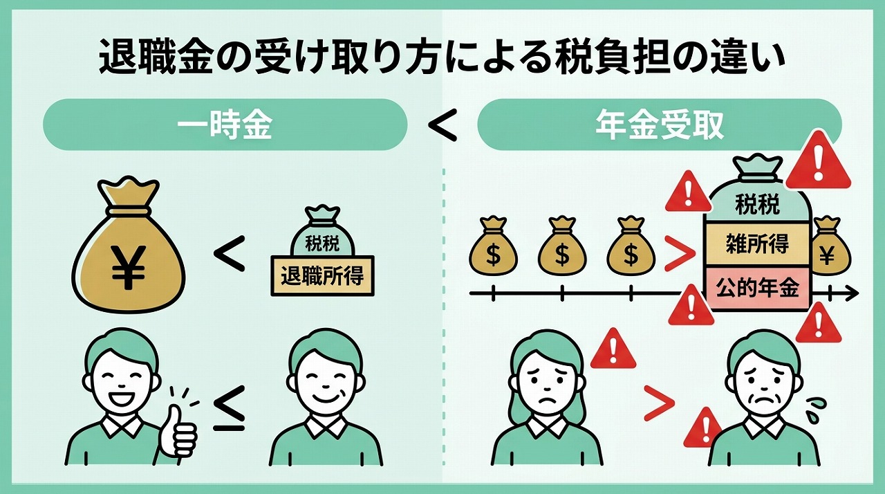 退職金の受け取り方による税負担の違い（一時金と年金の比較）